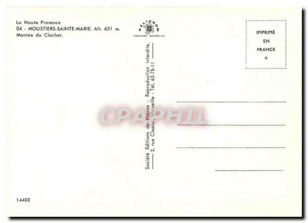 Moustiers-Sainte-Marie — Subida do Sintral — Sociedade Edições da França - Verso