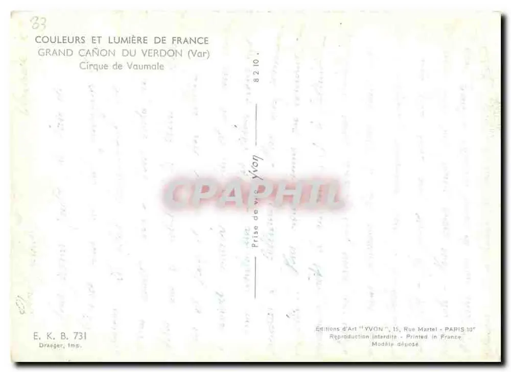 Grande Canyão do Verdon (Var) — Circo de Vaumale — Edições de Arte YVON - Verso