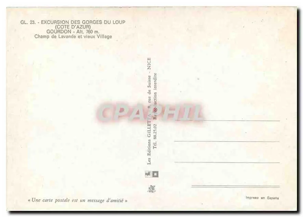 Gourdon — Lavendelfeld und altes Dorf — Éditions Gilletta, Nice - Rückseite