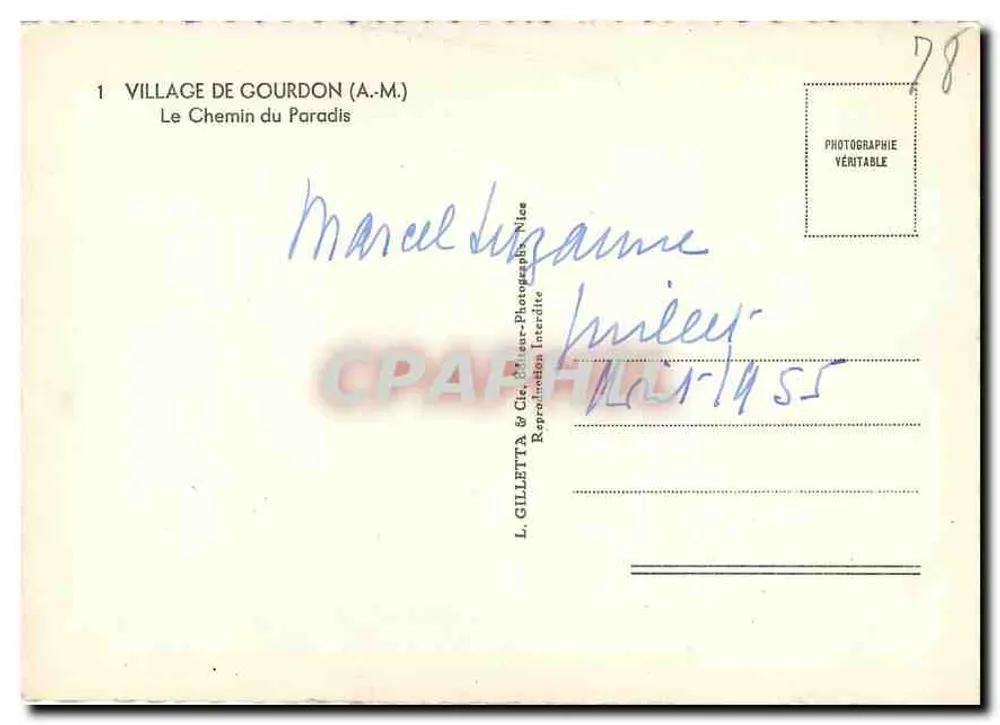 Village de Gourdon (A.M.) — Le Chemin du Paradis — L. Gilletta & Cie, Nice, n°1 - Verso