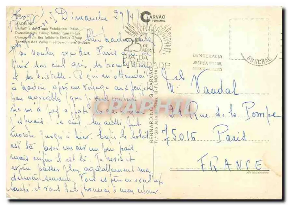 Funchal — Bailarina folclórica — Carbón - Reverso