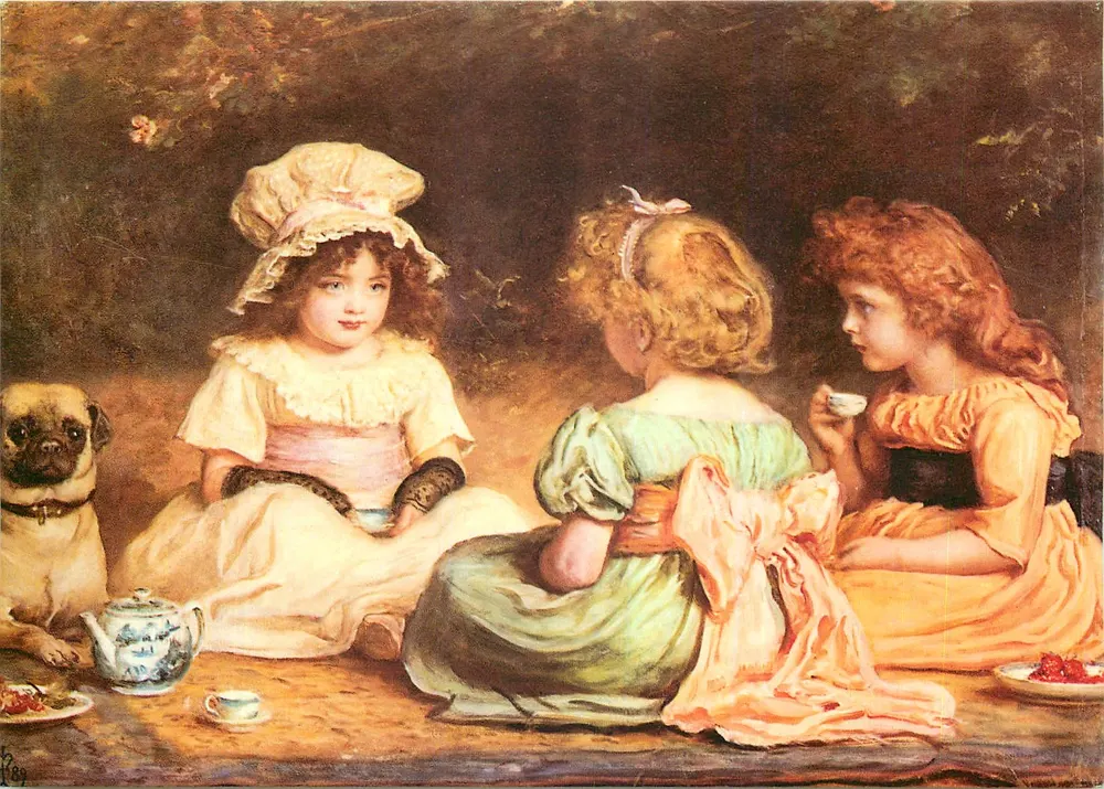 Tarde de chá — três jovens e um cachorro — por John Everett Millais - Frente