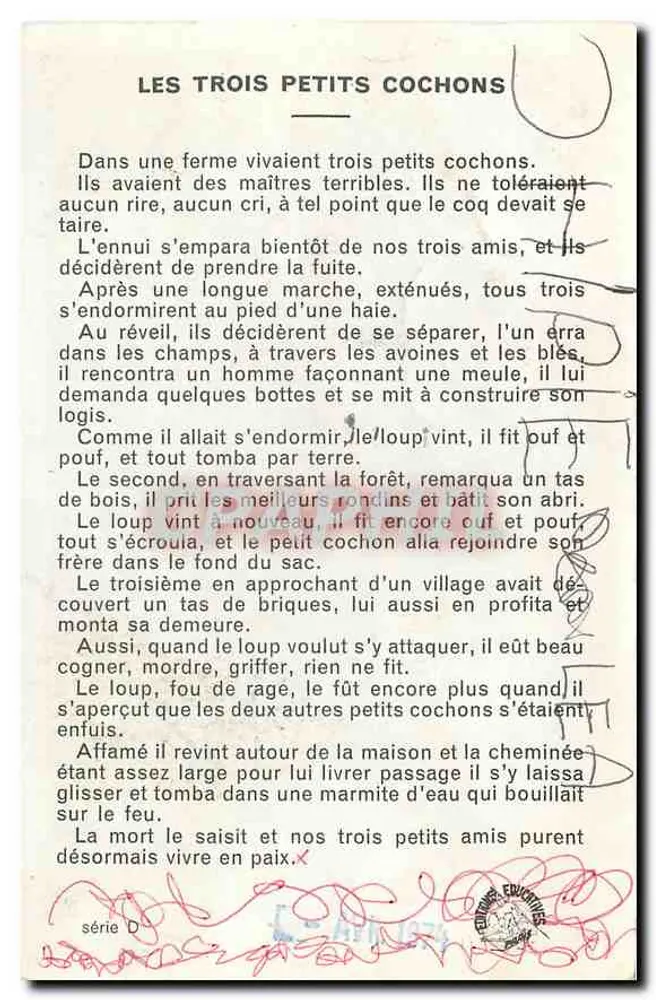 Os três porquinhos — ilustração de M. Pecount — série D - Verso