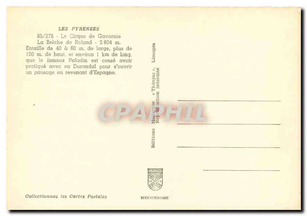 Le Cirque de Gavarnie — Les Pyrénées — Éditions Méxichrome, n° 65/276 - Verso