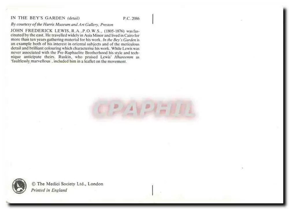 No jardim do Bey — detalhe — The Medici Society Ltd., Londres, P.C. 2086 - Verso