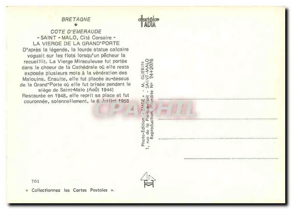 N.D. de la Grand'Porte — Schutzpatronin von Saint-Malo — Verlag Enge - Rückseite