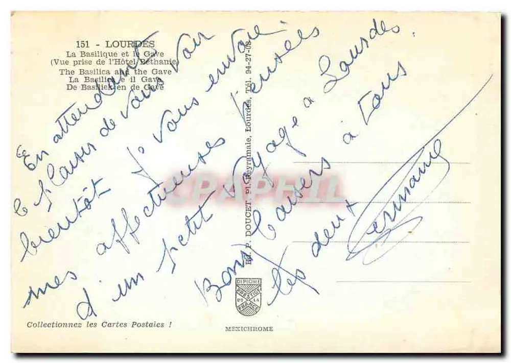 Lourdes — A Basílica e o Gave — Vista tirada do Hotel Béthanie — Editor Mexichhome, n° 151 - Verso