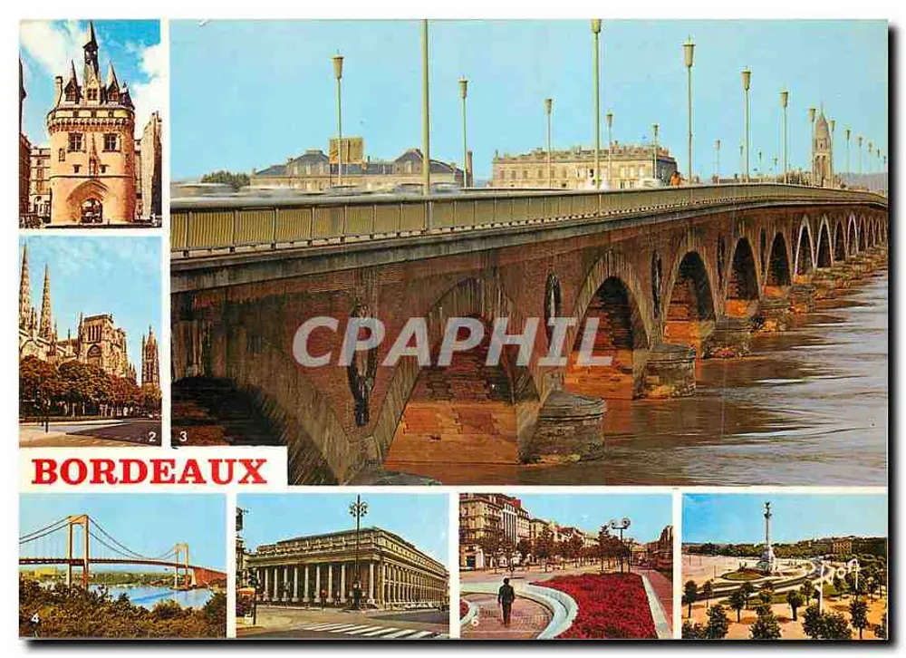 Bordeaux — Vista del Puente de Piedra y otros monumentos — Ediciones Jean-Jaurès-Acquell - Anverso
