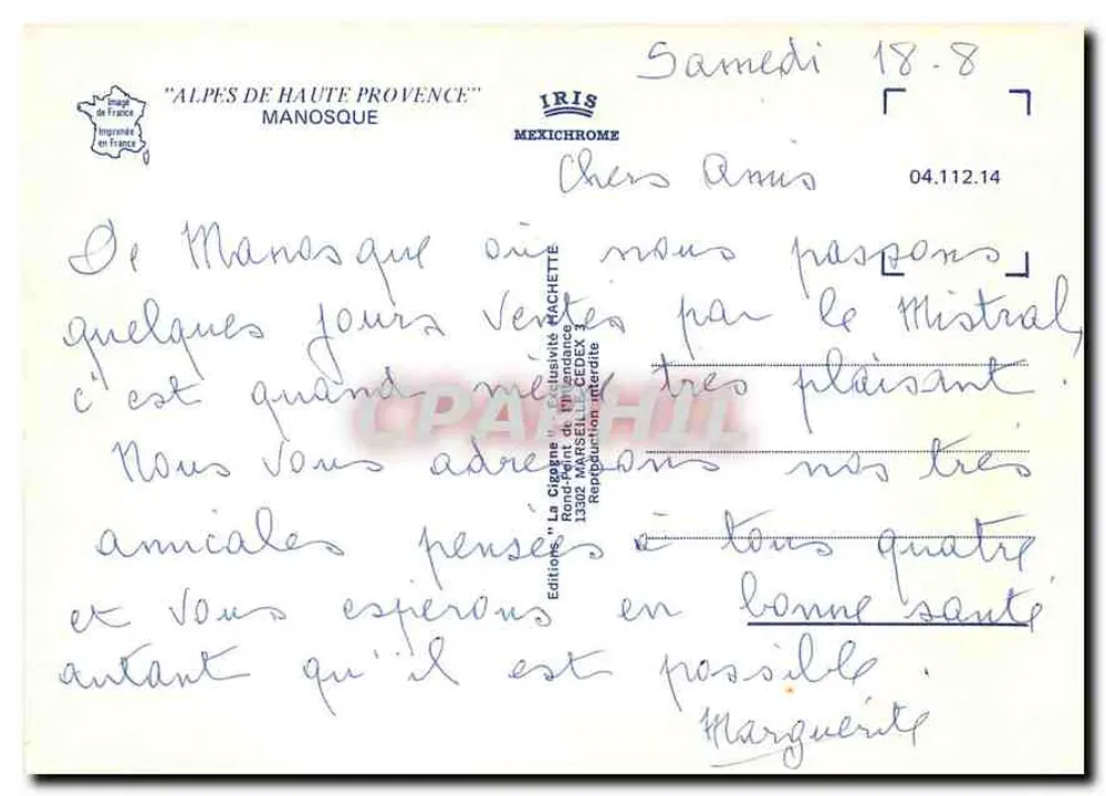 Manosque — vista panorâmica, igreja, praia e torre — editor La Cigogne, n° 04.112.14 - Verso