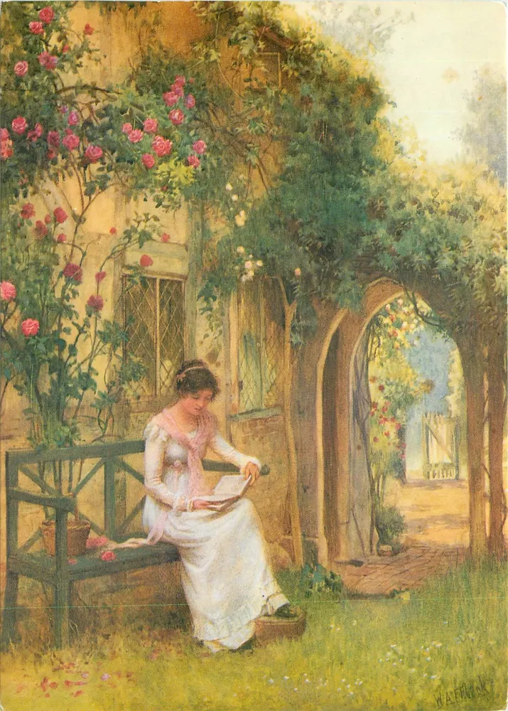 Mulher lendo sob os rosais — pintura de William Affleck — editor The Medici Society Ltd. n° S874 - Frente