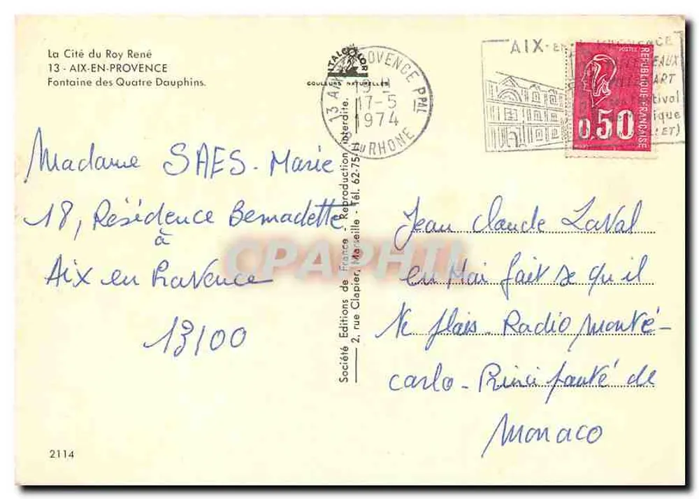 Fontaine des Quatre Dauphins — Aix-en-Provence — Société Éditions de France - Verso