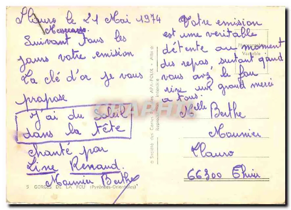Gorges da Fou — APA — Société des Cartes Postales APA - Verso