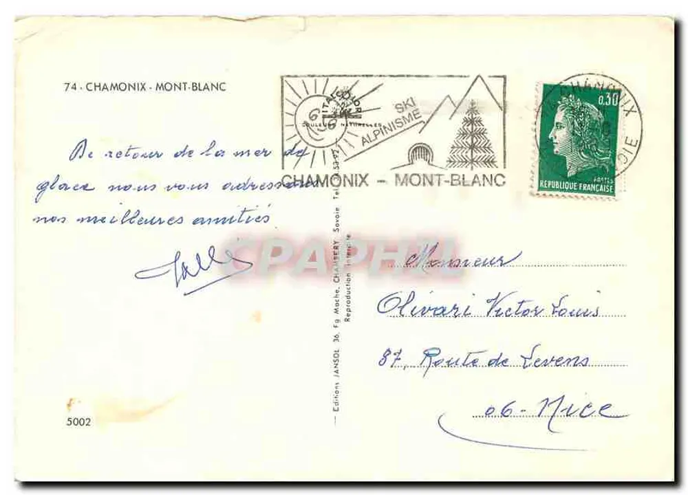 Chamonix-Mont-Blanc — vista panorâmica das montanhas, glaciar e teleférico — Edição JANSOL, n° 5002 - Verso