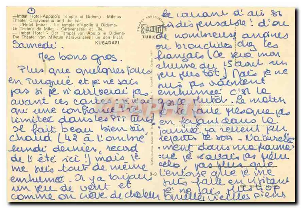 Kuşadası — Turquia — Carta postal turística com mapa e locais - Verso