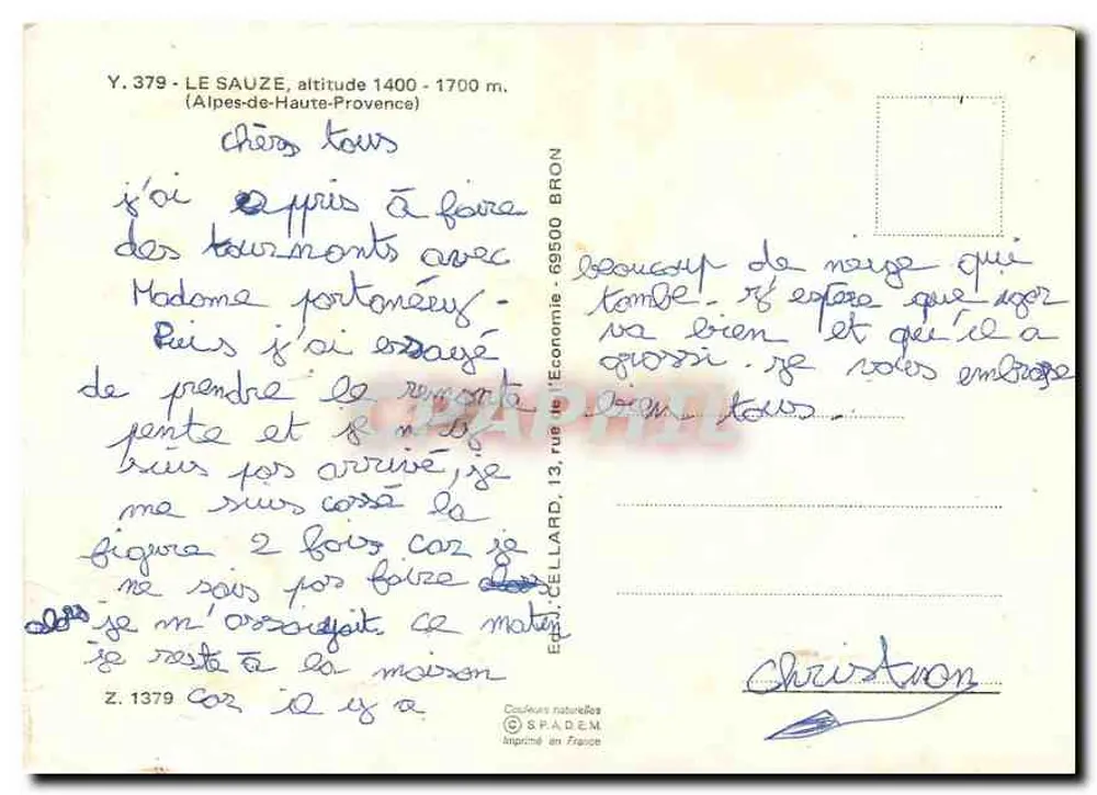 Le Sauze — estação de esqui — editor SPADÈM, n° Y.379 - Verso