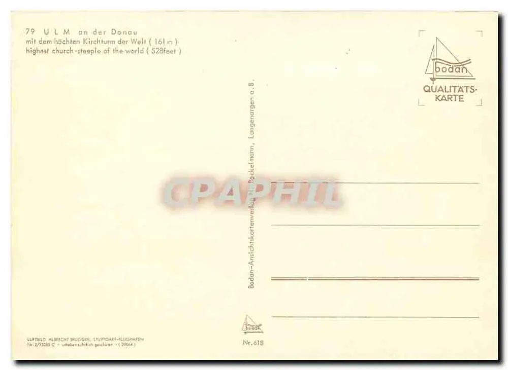 Ulma an der Donau — com o maior campanário do mundo (161 m) — Bodan Qualitäts-Karte Nr. 618 - Verso