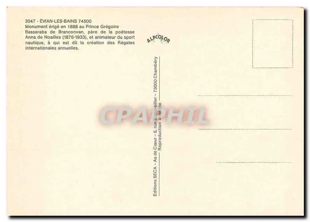 Évian-les-Bains — Denkmal für Anna de Noailles — Éditions ALPCOLOR - Rückseite