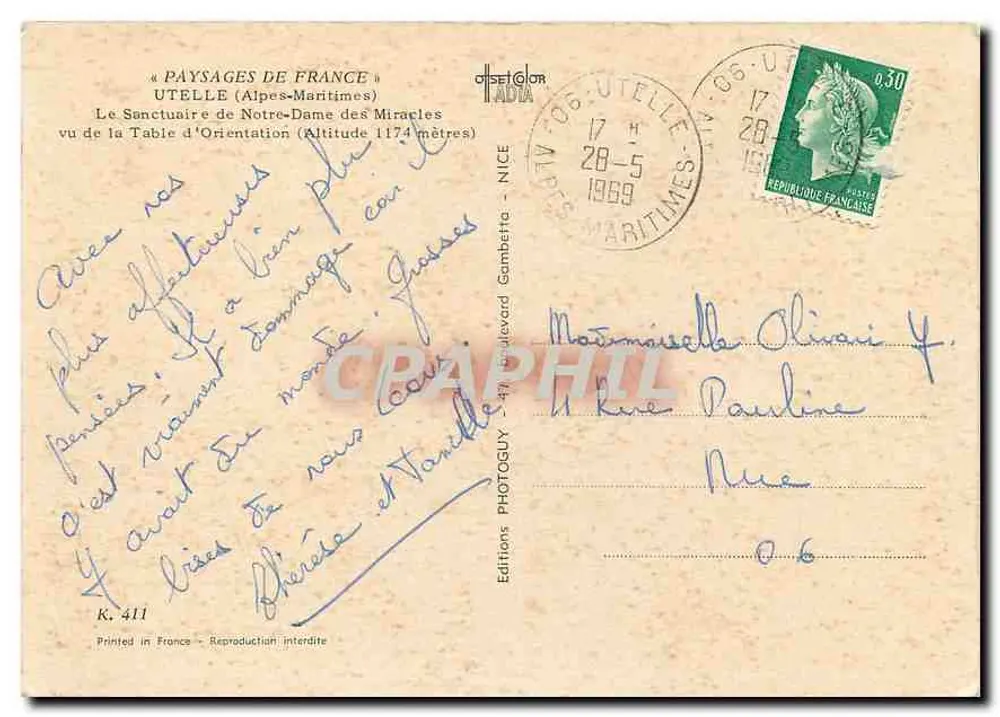Sanctuaire de Notre-Dame des Miracles — UTELLE (Alpes-Maritimes) — Éditions Offset Gloria — N° K. 411 - Rückseite