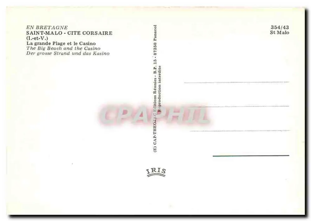 Saint-Malo - Corsair-Stadt — Die große Strandpromenade und das Casino — Iris-Verlag, n° 354/43 - Rückseite
