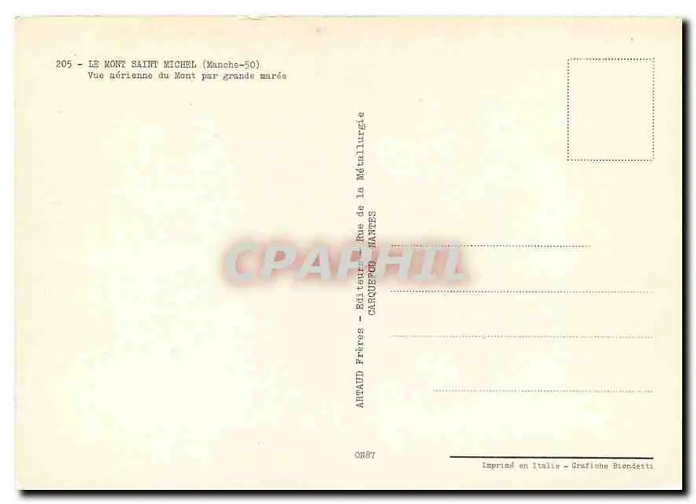 Mont Saint-Michel — Luftbild des Berges bei Hochwasser — Verleger Arfaud Frères, Nr. 205 - Rückseite