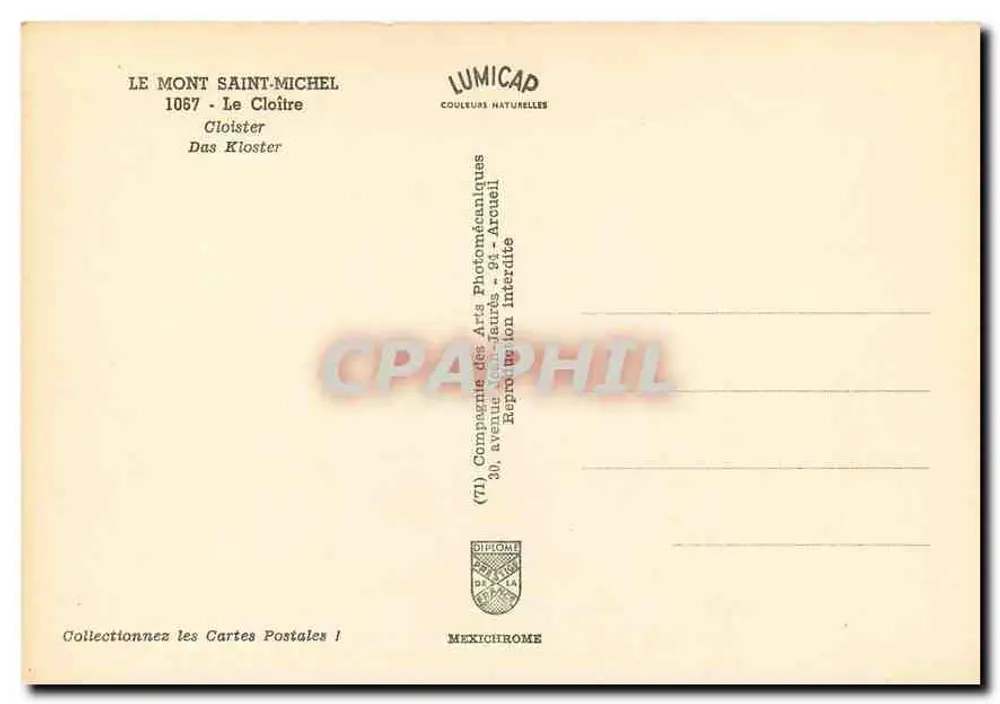 O Monte Santo Michel — Claustro — editor LUMICAP, n° 1067 - Verso