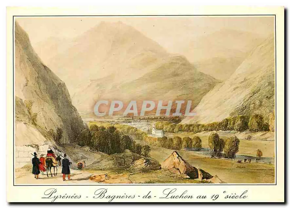 Pirineus — Bagnères-de-Luchon no século XIX — Lithografia Inglesa século XIX, editada por F. Loubatouze - Frente