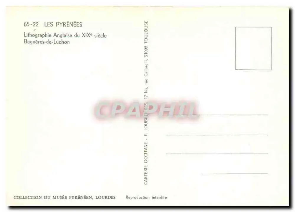 Pirineus — Bagnères-de-Luchon no século XIX — Lithografia Inglesa século XIX, editada por F. Loubatouze - Verso