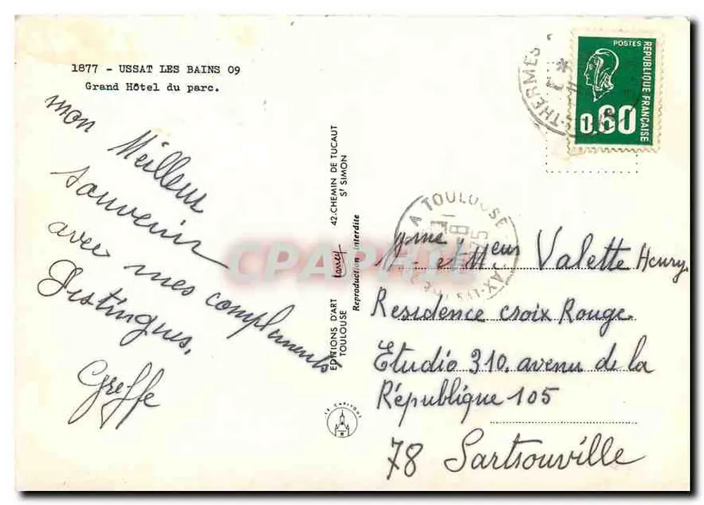 USSAT-LES-BAINS — Grand Hôtel du parc — Ediciones de Arte Toulouse - Reverso