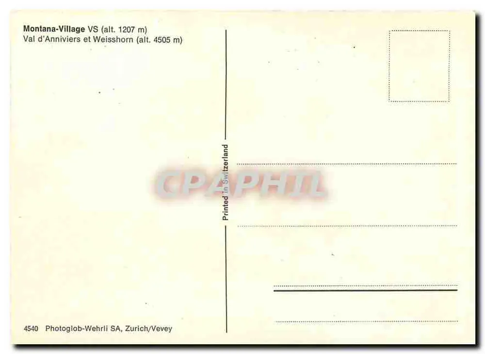 Montana-Village — Panoramablick mit schneebedeckten Bergen — Photoglob-Wehrli SA, Zürich/Vevey, Nr. 4540 - Rückseite