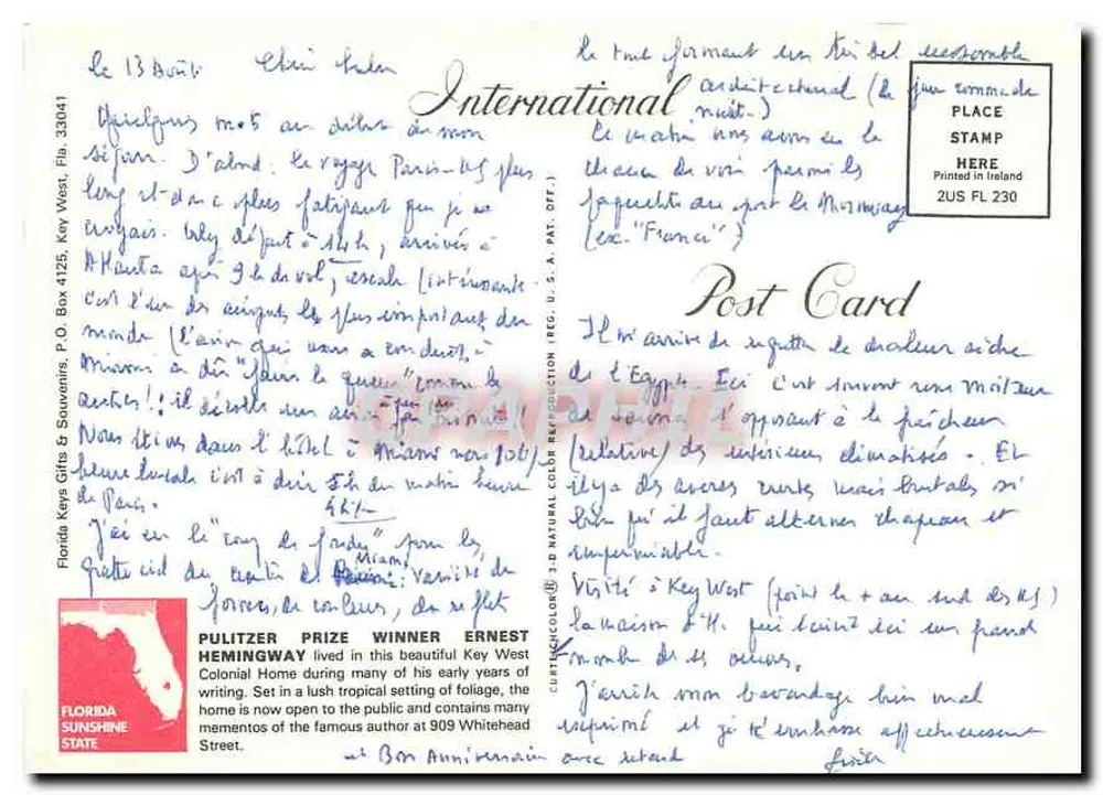 एरनेस्ट हेमिंगवे के घर — की वेस्ट, फ्लोरिडा — अंतरराष्ट्रीय रंगीन पोस्टकार्ड - पीछे