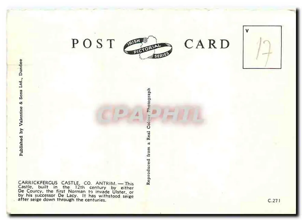 Carrickfergus Castle, Co. Antrim — Irish Pictorial Series — Valentine & Sons Ltd. - Verso