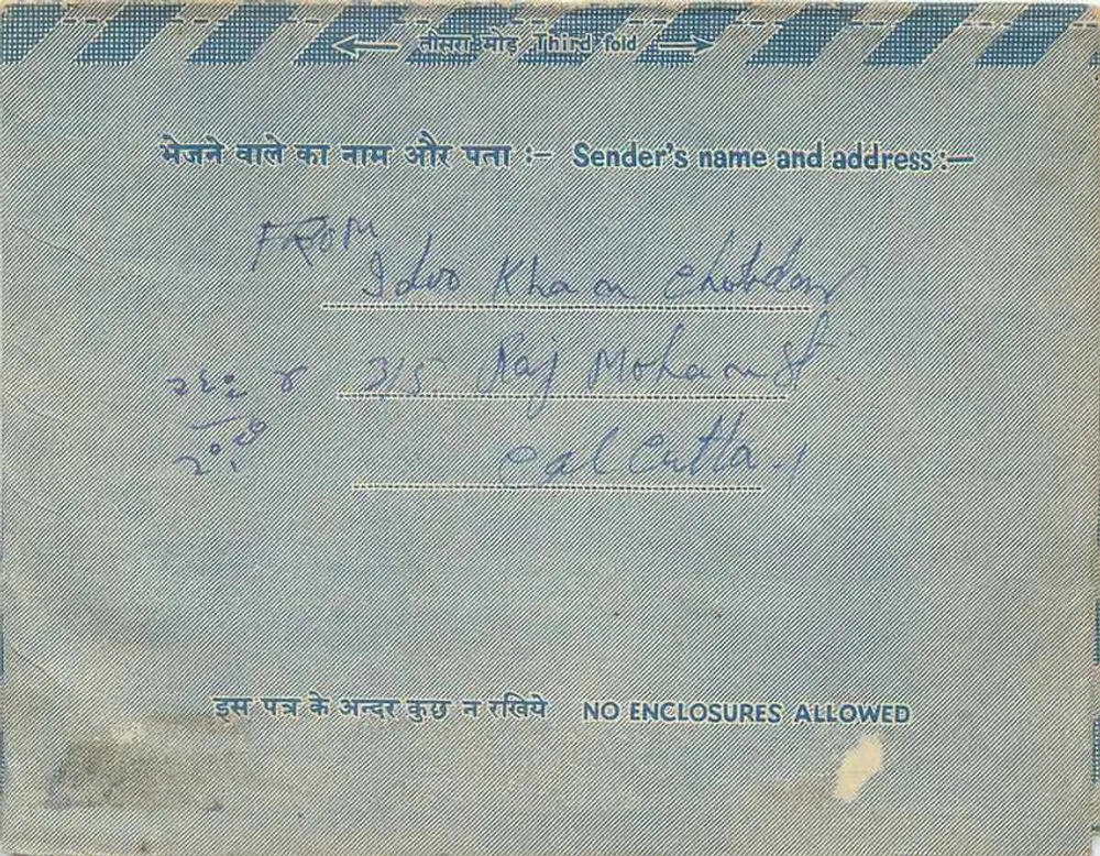 Carta aérea indiana — envio de Calcutta para Nawalgarh — selo de 10 annas - Verso