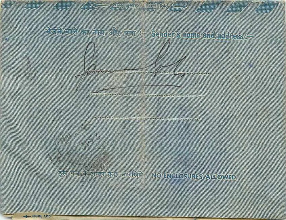 Carta urgente indiana — texto impresso e manuscrito — editor não visível - Verso