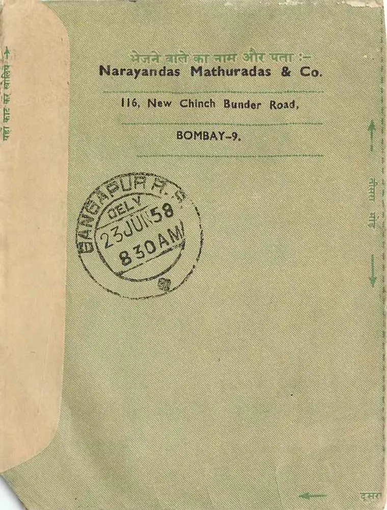 Carta postal indiana — Bombay para Gangabail City — editor Narayandas Mathuradas & Co. - Verso