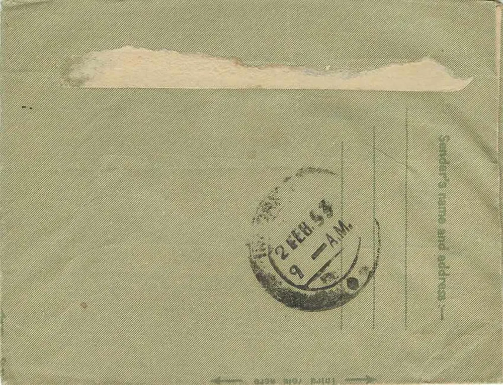 Carta postal indiana — Letra interior — 2 de fevereiro de 1944 — Indore - Verso
