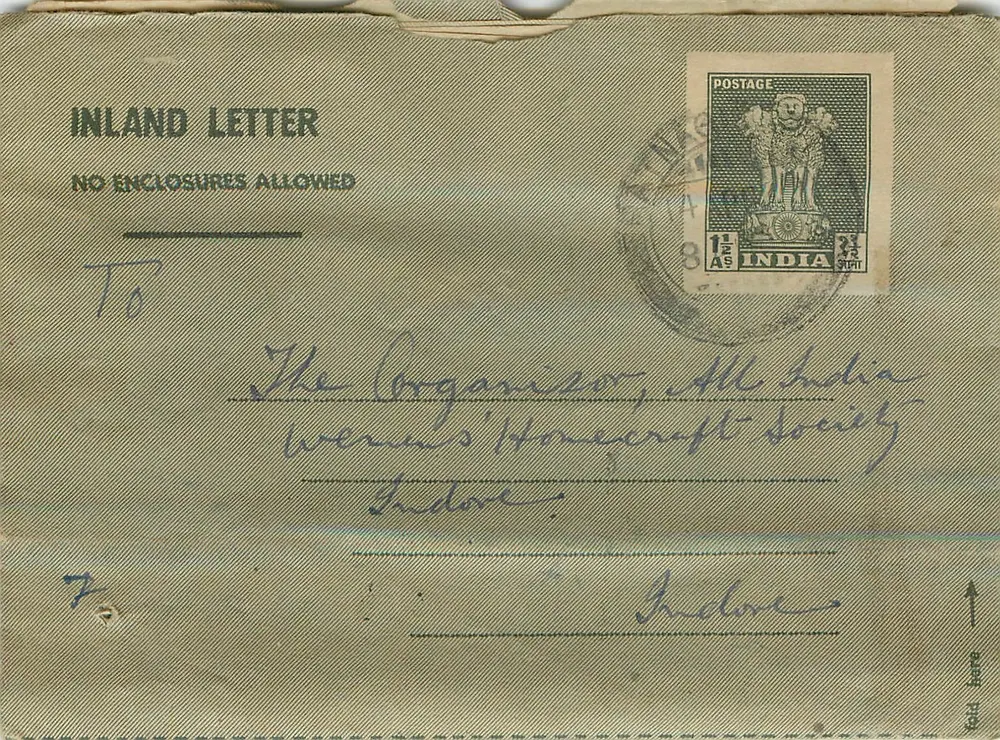 Indore — Carta interna para a sociedade All India Women's Homecraft Society — editor não visível - Frente
