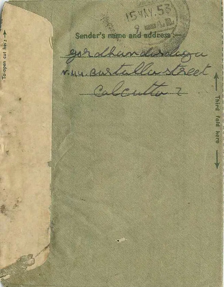 Carta interna indiana — 15 de maio de 1953 — Calcutá para Jaipur - Verso