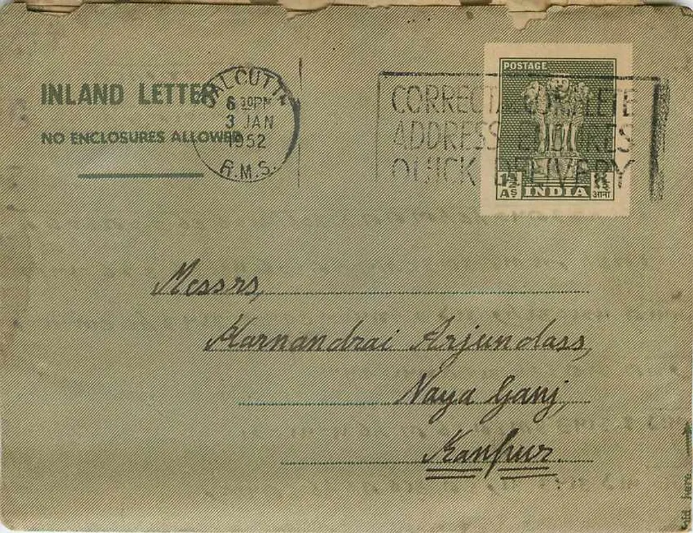 Carta postal indiana — envio de Calcutta para Kanpur — selo de 4 annas 1952 - Frente