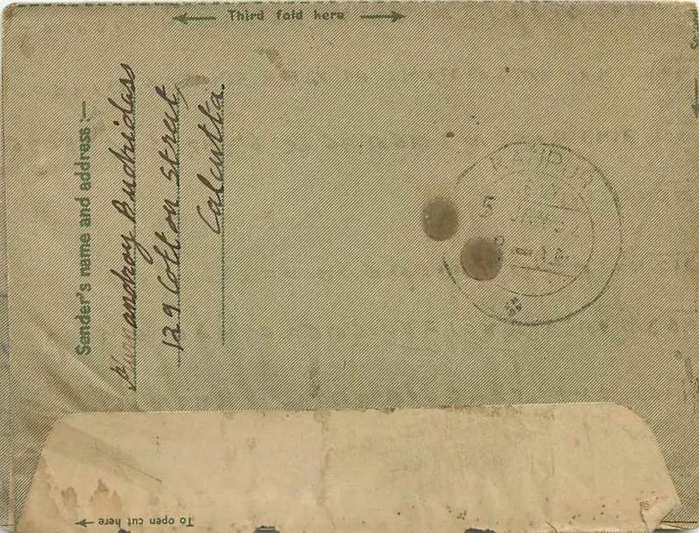 Carta postal indiana — envio de Calcutta para Kanpur — selo de 4 annas 1952 - Verso