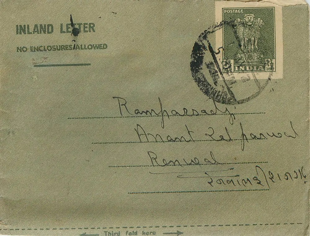 Rampharsad - Anant Lal Janwal - Renwal - Índia — carta postal interna (inland letter) com selo de 3 annas - Frente