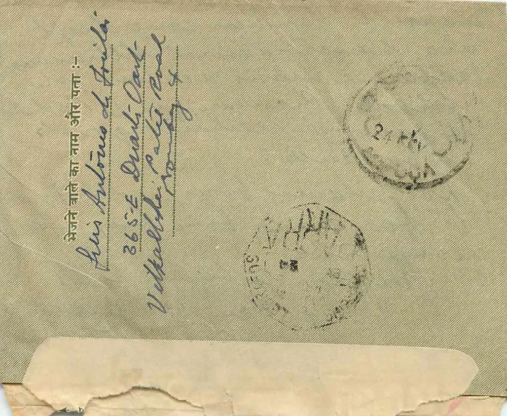 Girgaon — Bombaim — carta postal para o Padre Francisco Alcuinoda Costa em Goa — selos 1/4A e 1A - Verso