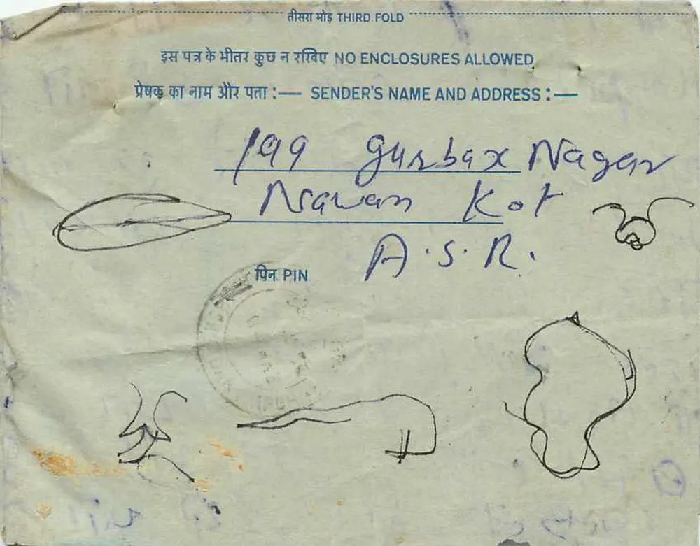 Carta postal interna indiana — Miss Anita Sharma, Jaipur — selo de 20 p. azul - Verso