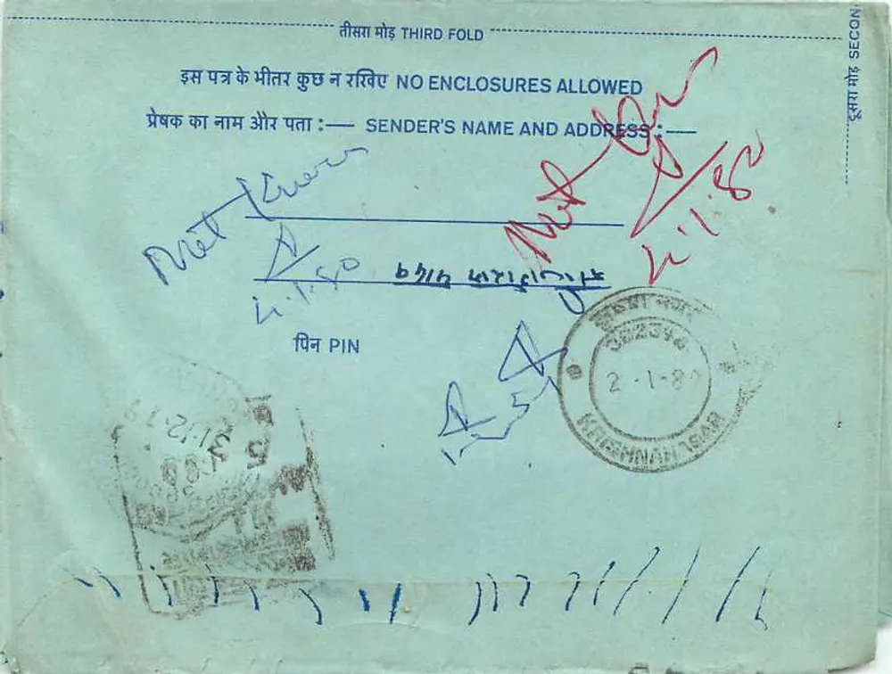 अंतर्देशीय भारतीय पोस्टकार्ड — 20 एन्ना के टिम्बर, 2-1-87 के ओब्लिटेरेशन — एडिटर अदृश्य - पीछे