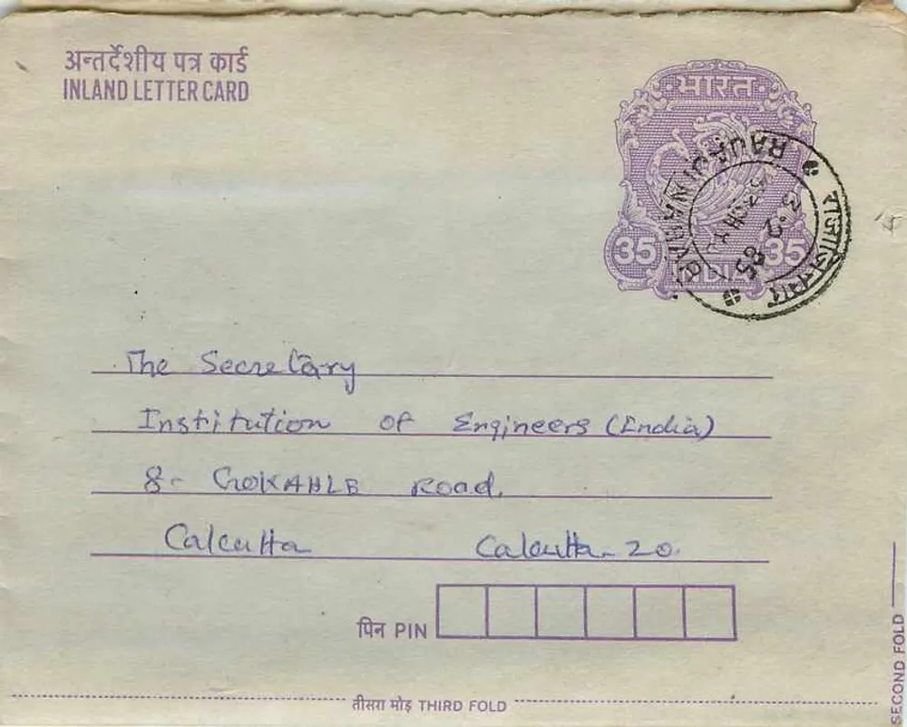 Carta postal interna indiana — Gandhi — destinada à Institution of Engineers (India) em Calcutta - Frente