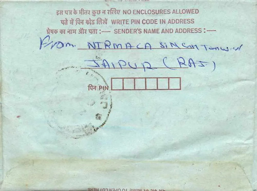 Carta postal interna indiana — Nirmaca Singh Tinwar, Jaipur (RAJ) — selo de 75 pence - Verso