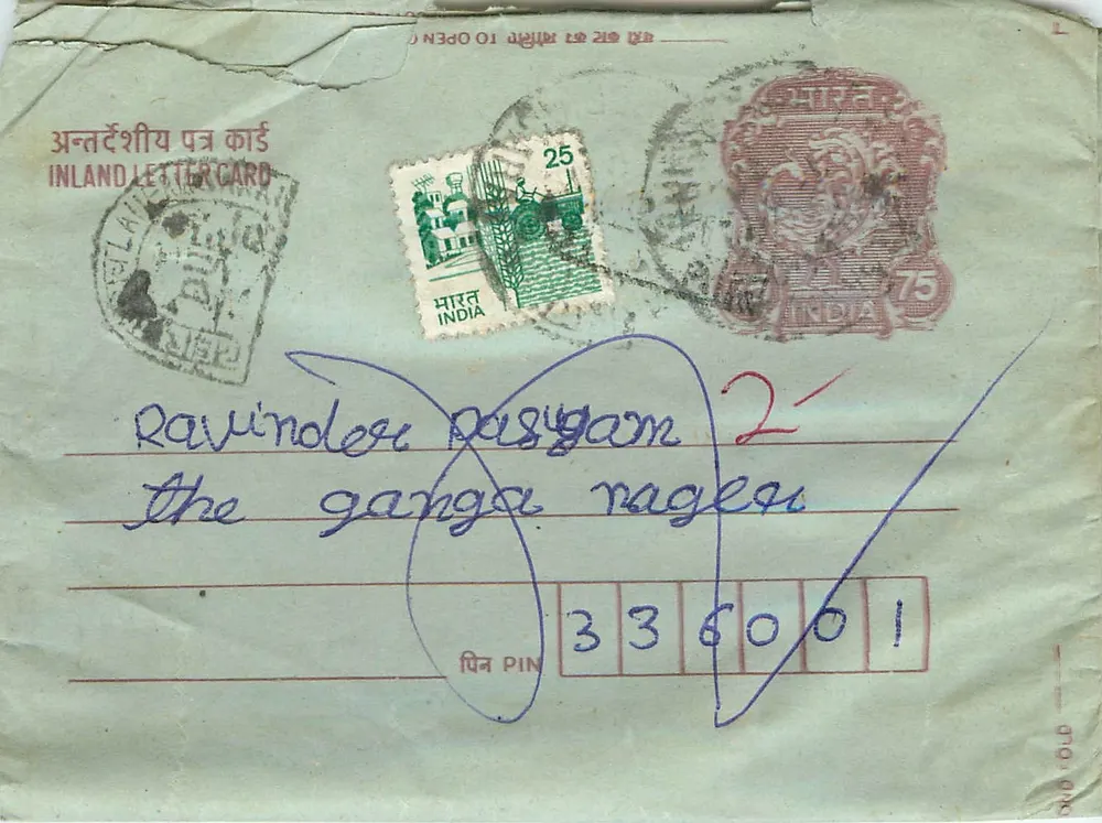 Carta postal interna indiana — Ravindere Pasugam, Ganga Raje, PIN 336001 — editor não visível - Frente