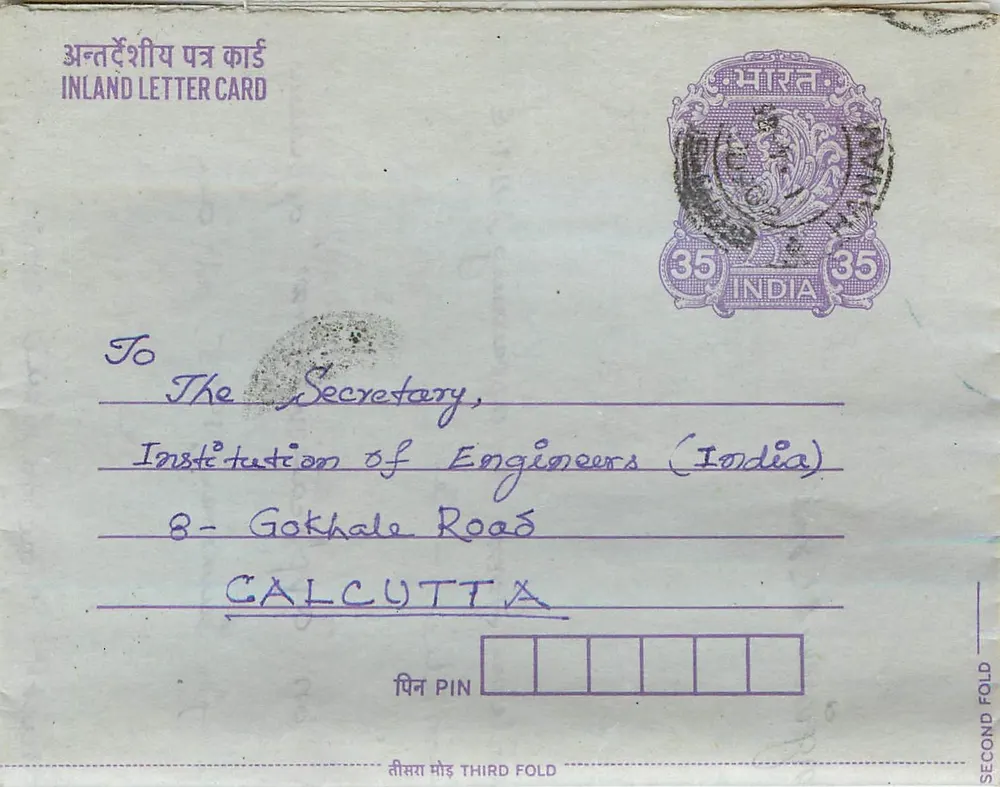 Carta postal interna indiana — Institution of Engineers (India) — Calcutá - Frente