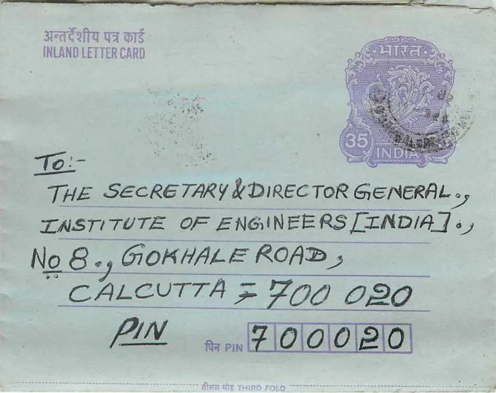 Carta postal interna indiana — Calcutá — editor não visível - Frente