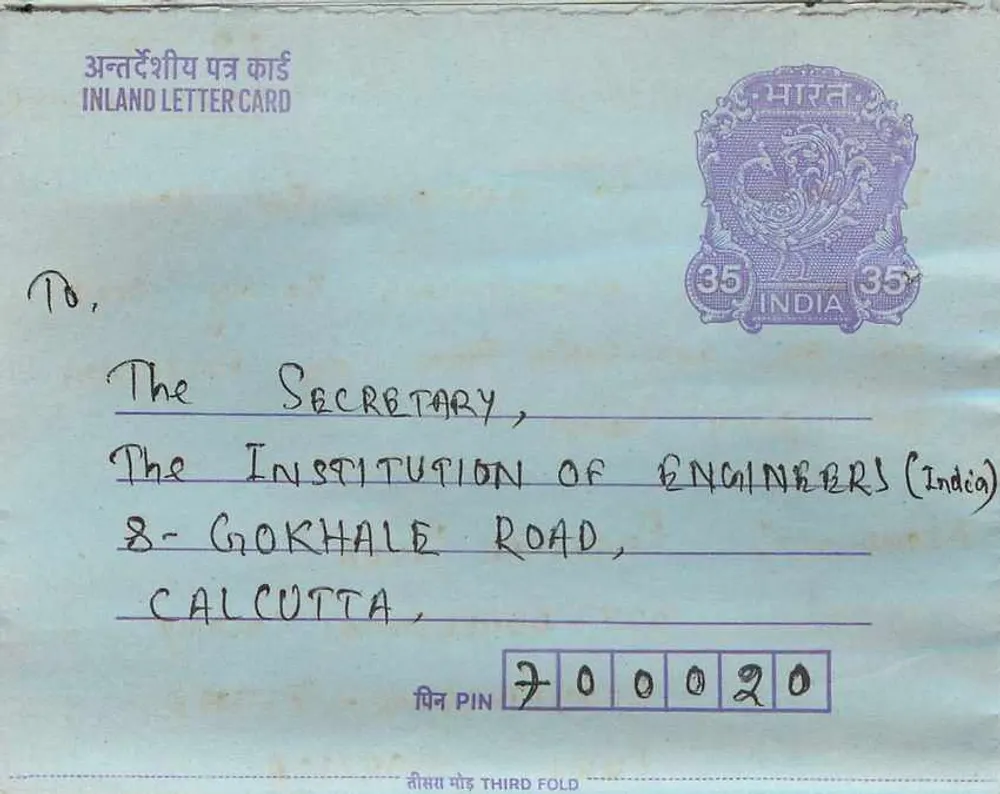 Carte postal interior indiana — Gandhi — 35 annas — destinada à Institution of Engineers (India) em Calcutta - Frente