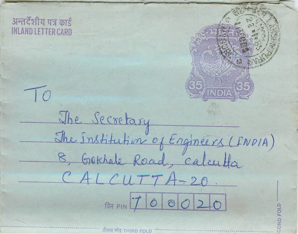 Carta postal interna indiana — Institution of Engineers (INDIA), Calcutta — editor: India Post, número de série não visível - Frente